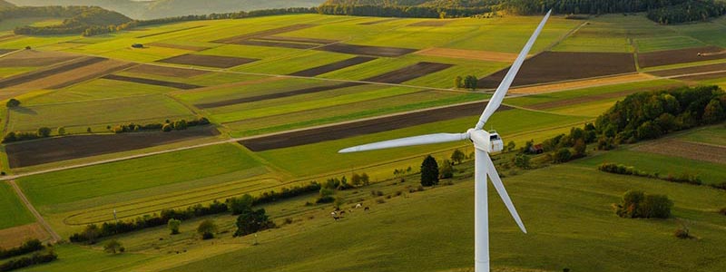 Single wind turbine in a lush, green field with the horizon in the background