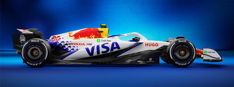 Visa Cash App Racing Bulls F1 car on blue background.