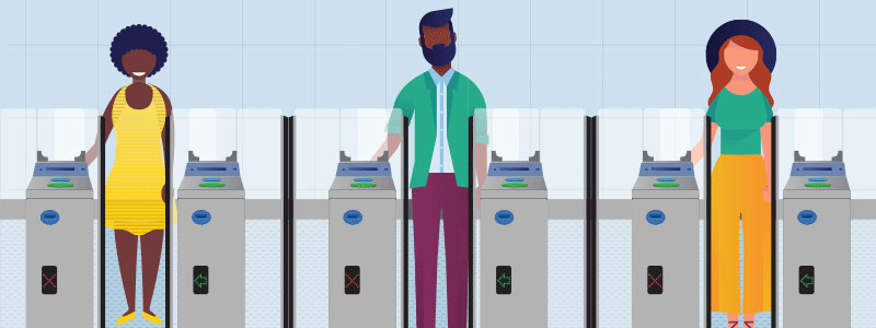 Illustration of transit riders going through payment turnstiles