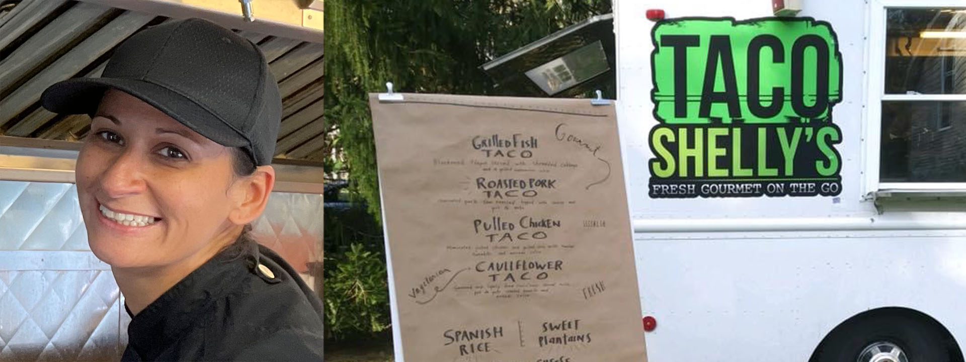 A smiling woman in a black chef's coat stands by "TACO SHELLY'S" food truck, showcasing a menu of delicious taco options.