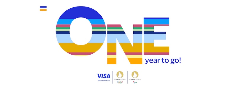 Colorful graphic with text "One year to go!" including Paris 2024 Olympic logos and Visa logo
