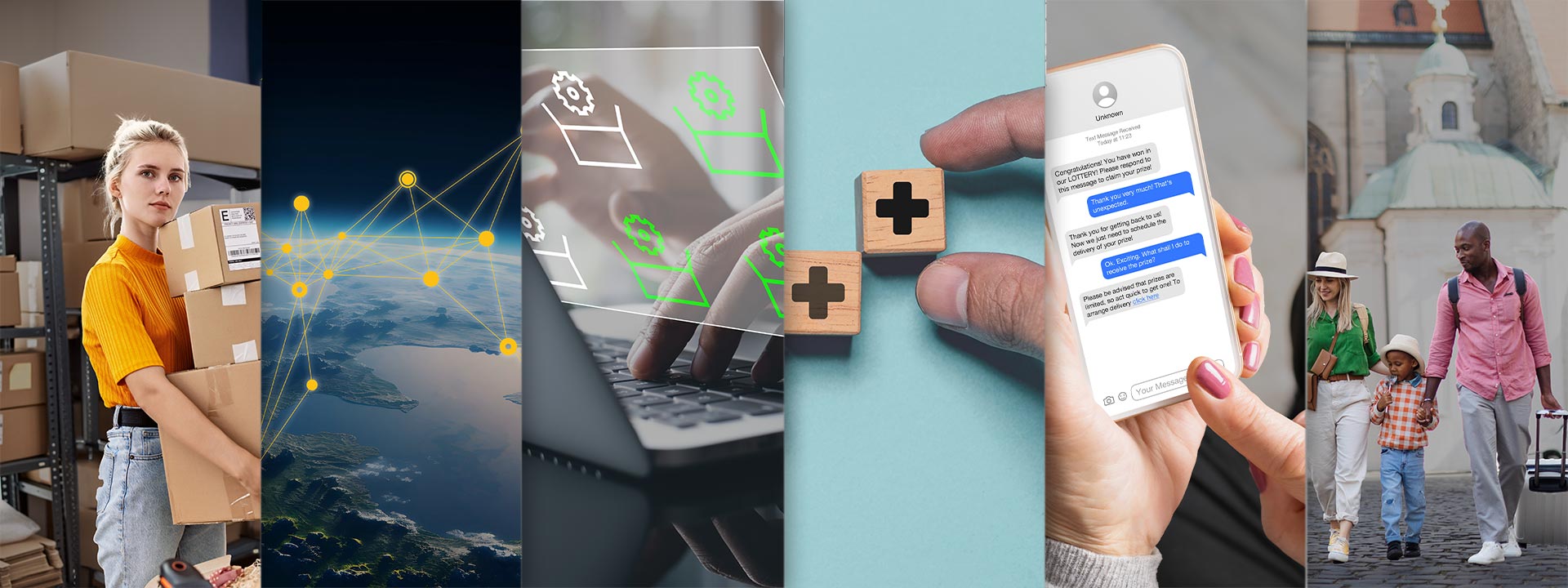 Collage of small business owner, planet earth, computer, wooden block, phone screen and family traveling.