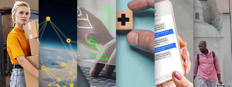 Collage of small business owner, planet earth, computer, wooden block, phone screen and family traveling.