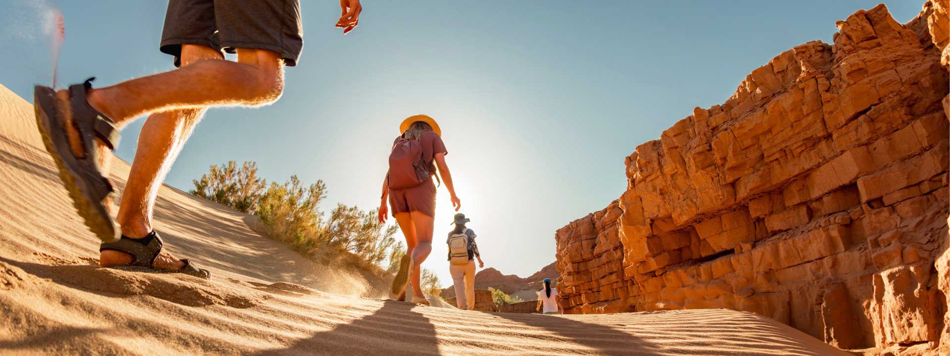 Group of tourists with small backpacks walks in sunset desert