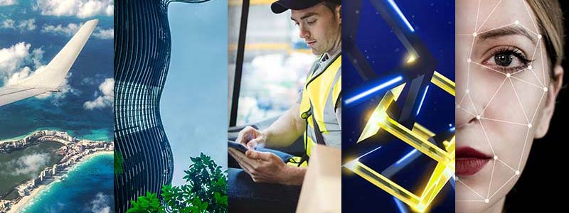 Collage of images of travel, sustainability, gig economy, blockchain and generative AI.