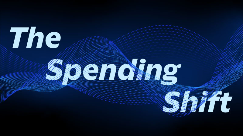 Flowing, dynamic pattern in blue tones with the text “The Spending Shift”.