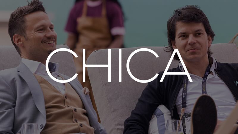 Chica restaurant logo on top of an image of people socializing