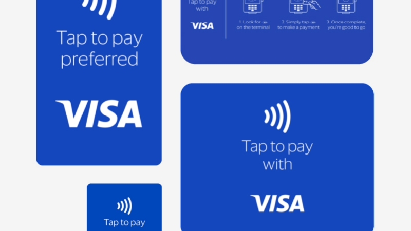 Visa merchant signage image with blue “Tap to pay with Visa” designs, representing retail display materials.