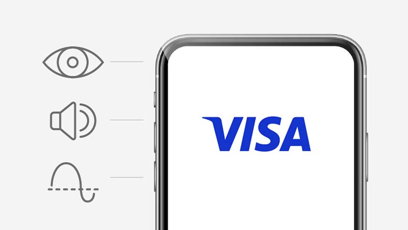 Visa Sensory Branding image with the Visa logo on a mobile screen alongside icons for sound, animation, and haptics.