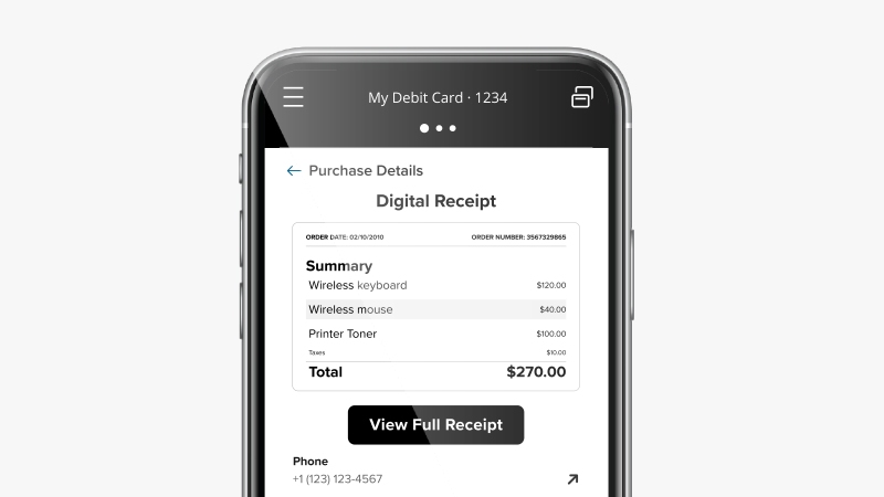 Smartphone user interface displaying digital receipt for online purchase through linked debit card.