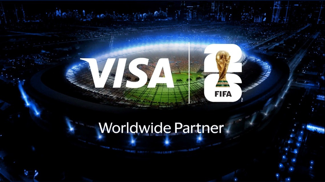 Stadium with Visa and FIFA 2026 logo lockup and Worldwide Partner superimposed.
