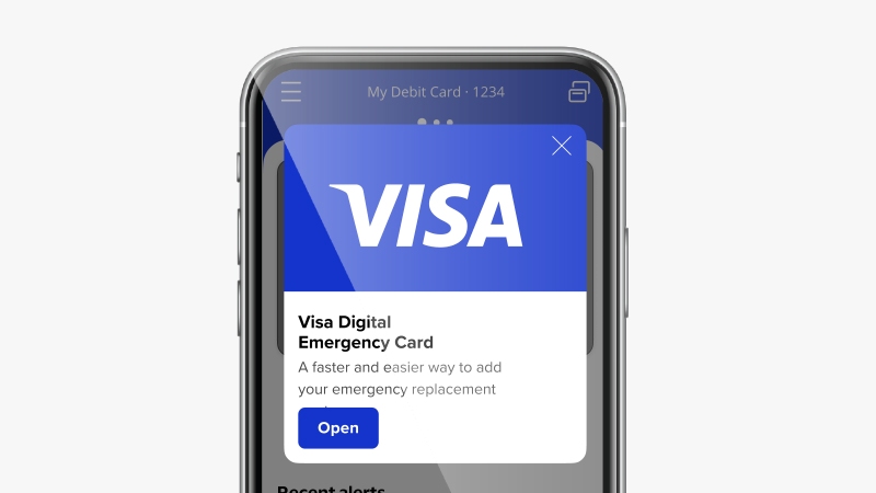 Smartphone prompt asking if user wants to open Visa Digital Emergency Card