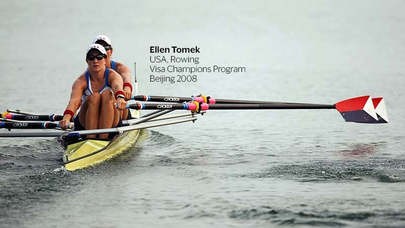 Ellen Tomek and teammate rowing in the Olympic Games Beijing 2008