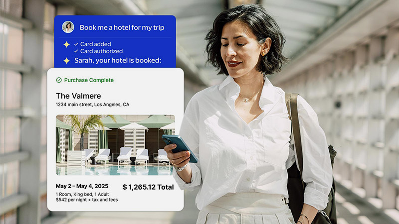 Smiling woman holding phone with Visa AI agent user interface overlaid