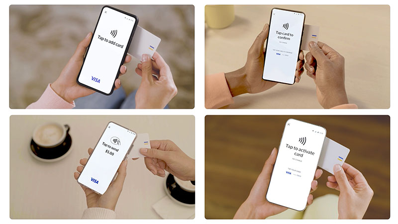 Four images show a person with a smartphone and credit card, demonstrating mobile transaction steps