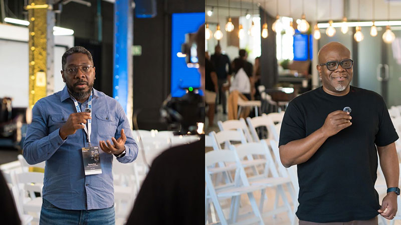 Two men speaking at separate indoor events. On the left, the man in a blue shirt is engaged and serious. On the right, the man in a black shirt is smiling.