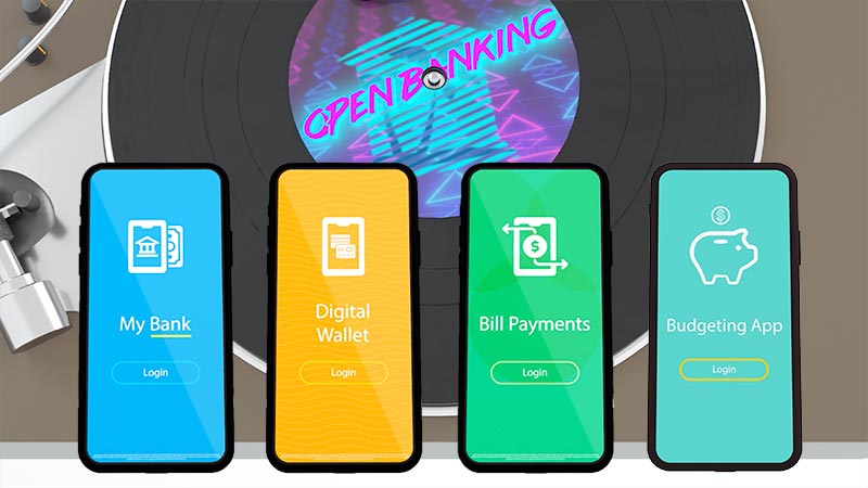 The image features a vinyl record labeled "OPEN BANKING," with four smartphones showing login screens for My Bank, Digital Wallet, Bill Payments, and Budgeting App.