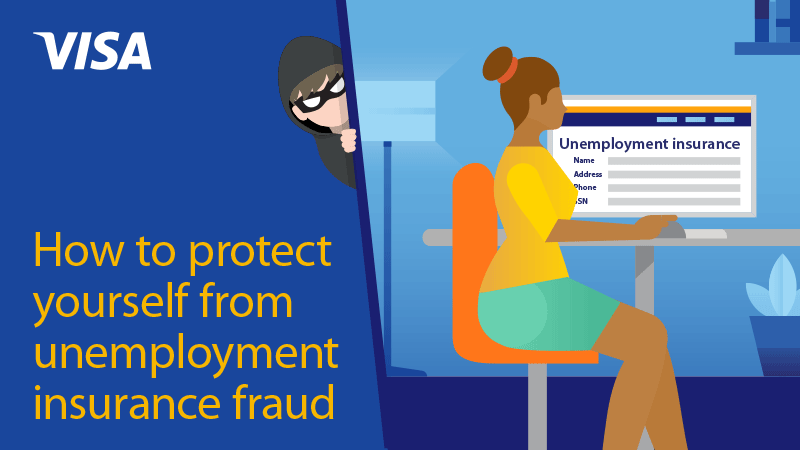 A graphic of a person at a computer illustrating how to prevent unemployment fraud.