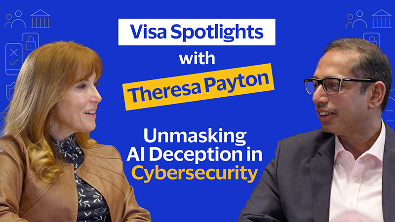 Speaker images with text Visa Spotlights with Theresa Payton: Unmasking AI Deception in Cybersecurity