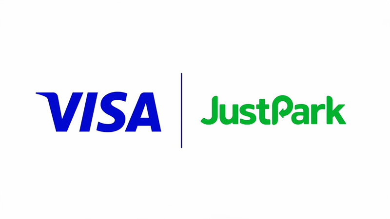 A combination of the Visa logo and the JustPark logo symbolizing partnership