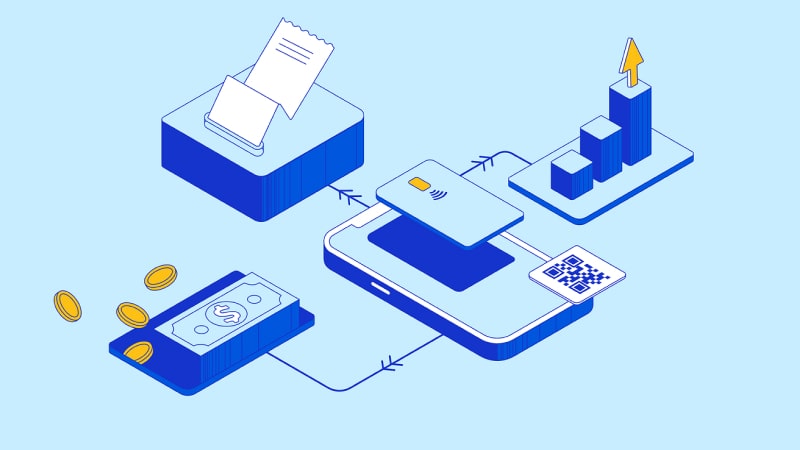 Illustration of mobile payment with credit card and QR code, leading to a rising bar chart symbolizing financial growth.