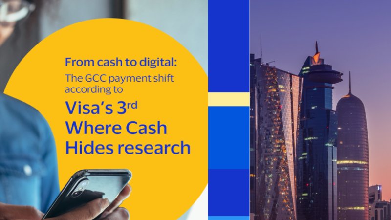 Split image with text on left reading, 'From cash to digital: The GCC payment shift according to Visa’s 3rd Where Cash Hides research,' and a cityscape on the right showing modern skyscrapers at dusk, conveying a trend towards digital payments in the Middle East.