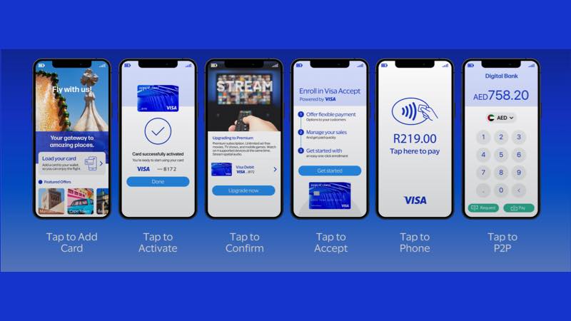 Visa tap solutions: tap to add card, activate, confirm, accept, phone, and peer-to-peer, shown in a product showcase image.